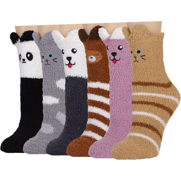 Plush Slipper Socks Women Colorful Warm Fuzzy Crew Socks Cozy Soft Winter Brown